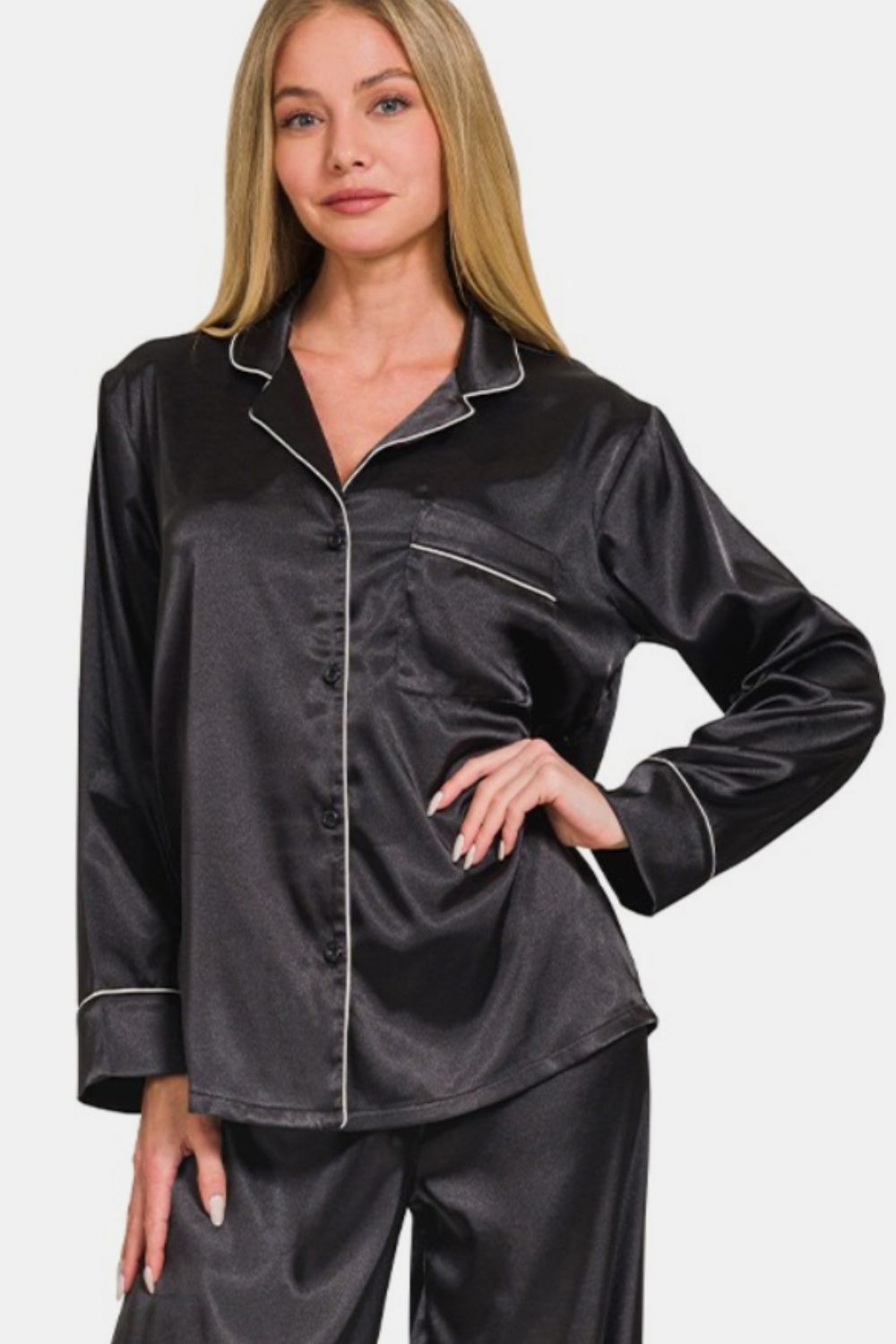 Zenana Satin Long Sleeve Shirt and Pants Pajama Set-Bella Boutique Collective