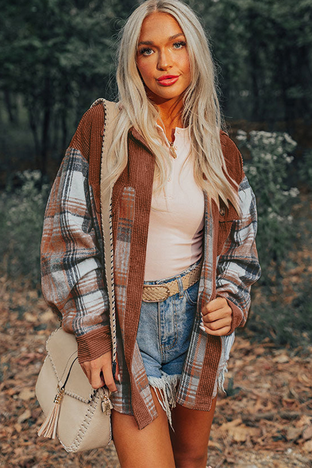 Cinnamon Plaid Corduroy Patchwork Chest Pocket Shacket-Bella Boutique Collective