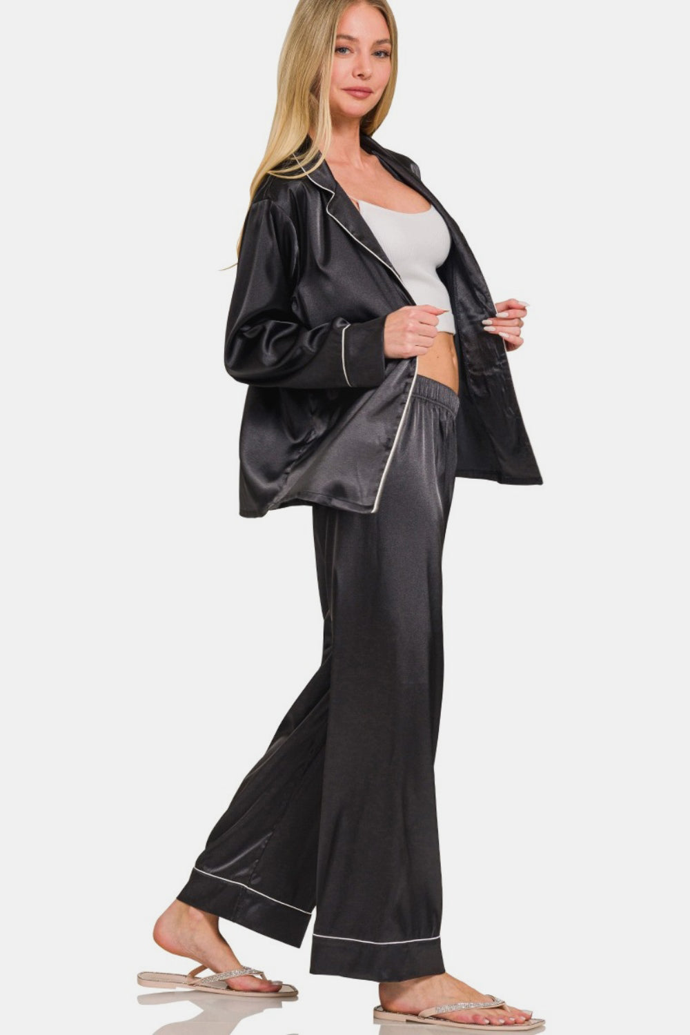 Zenana Satin Long Sleeve Shirt and Pants Pajama Set-Bella Boutique Collective