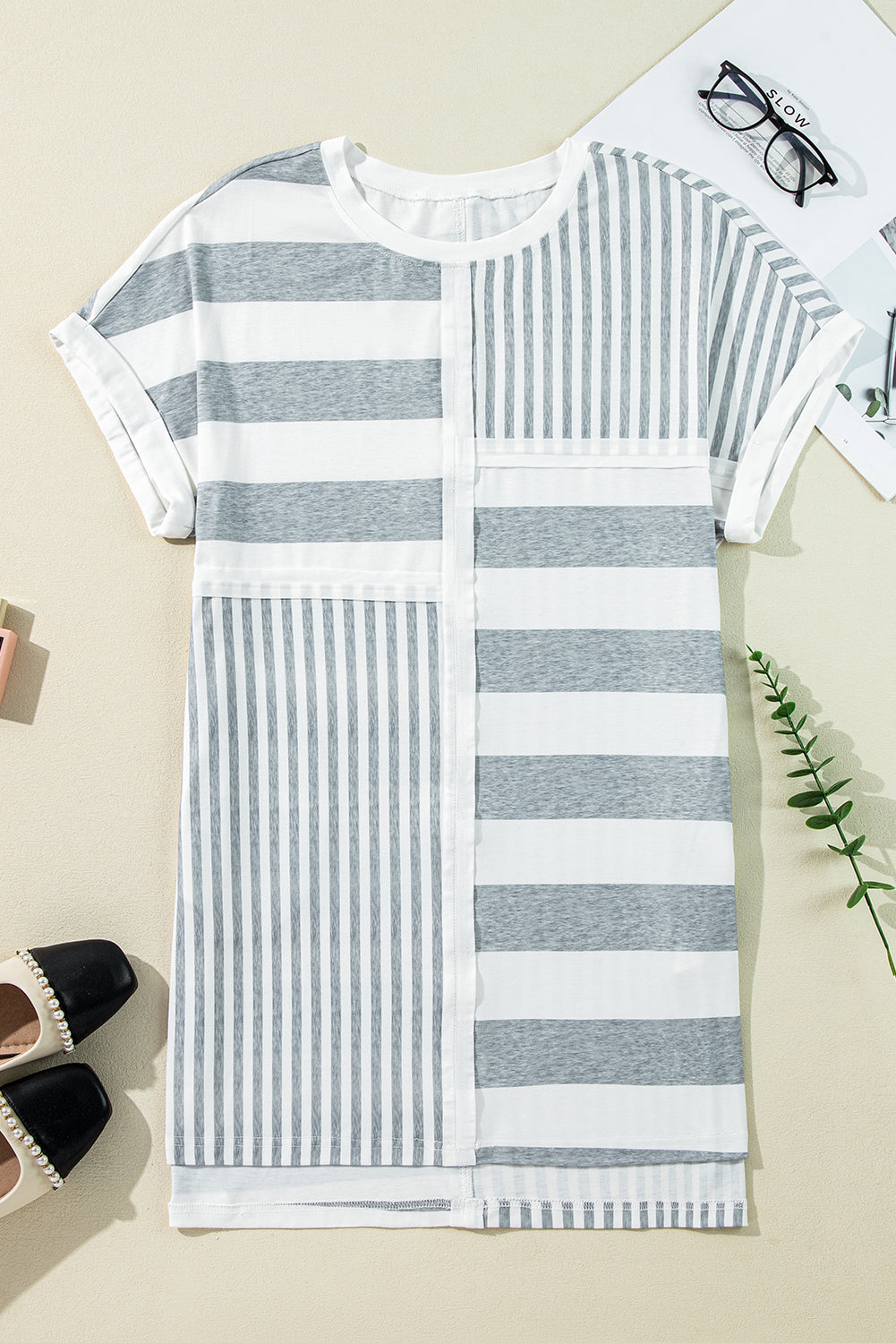Gray Stripe Mixed Printed Short Sleeve Shift Mini T Shirt Dress-Bella Boutique Collective