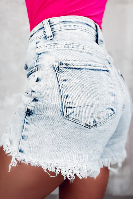 Light Blue Acid Wash Crossed Raw Edge Denim Shorts-Bella Boutique Collective