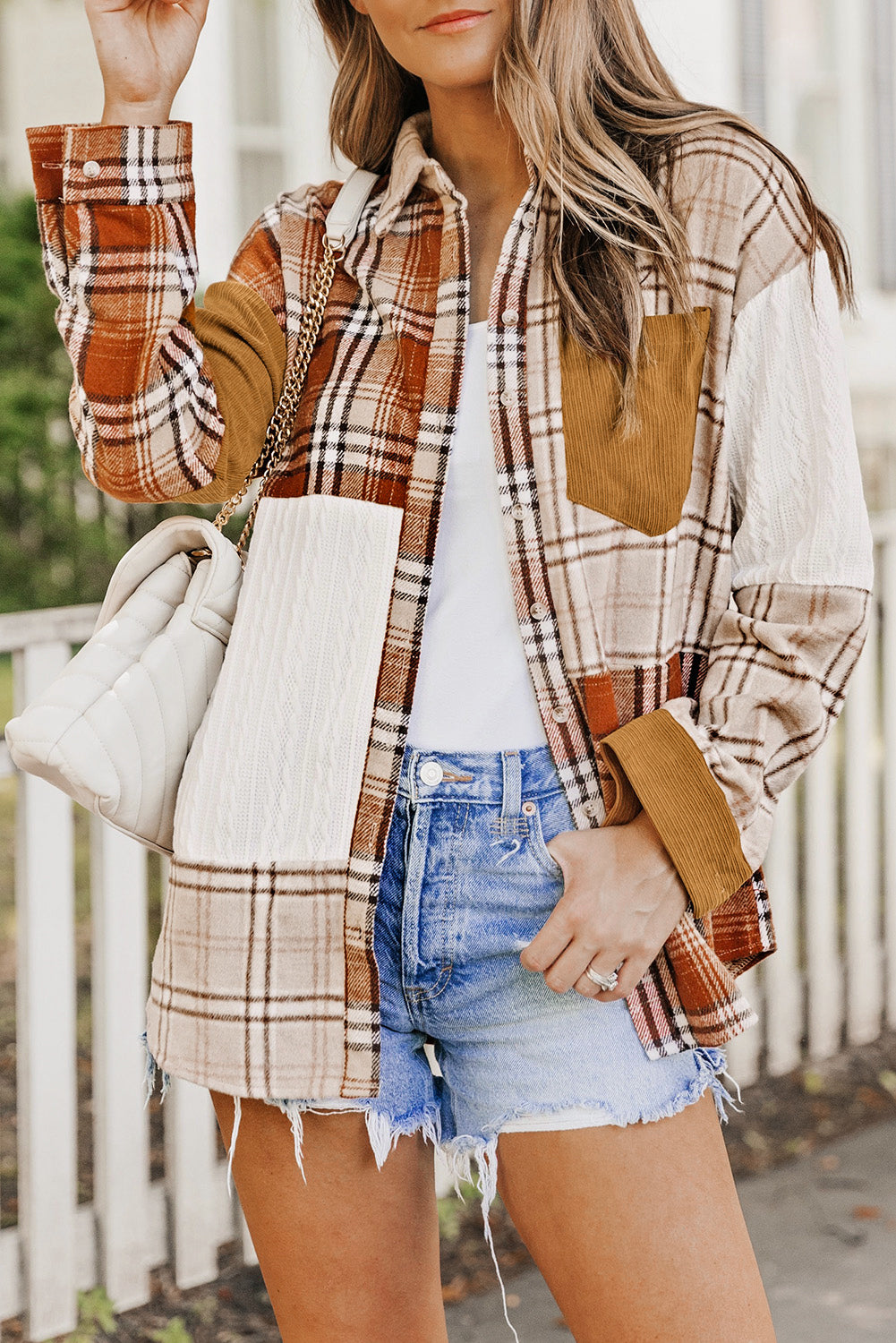 Orange Plaid Color Block Patchwork Shirt Jacket with Pocket-Bella Boutique Collective