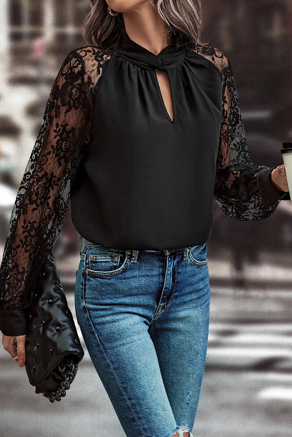 Black Keyhole Neckline Floral Lace Raglan Sleeve Blouse-Bella Boutique Collective
