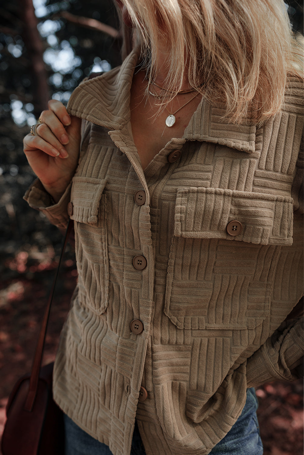 Dark Khaki Textured Chest Pocket Button-up Shacket-Bella Boutique Collective