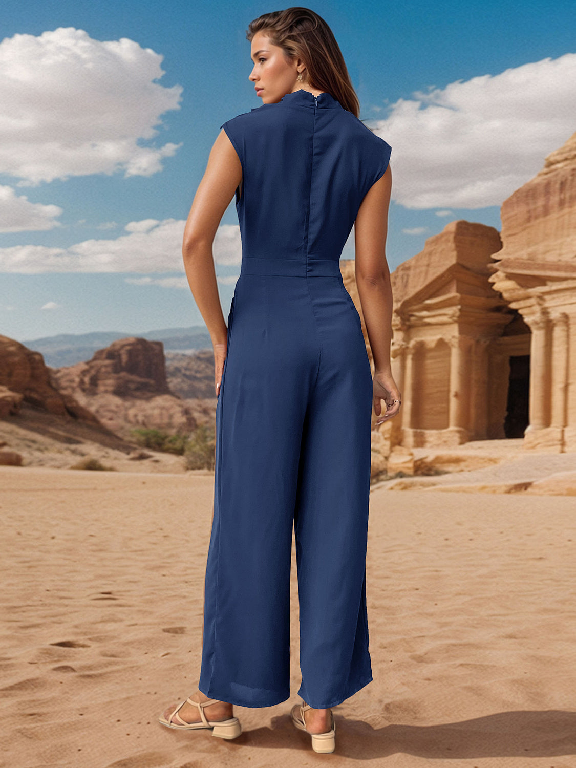 Perfee Ruched Mock Neck Sleeveless Jumpsuit-Bella Boutique Collective