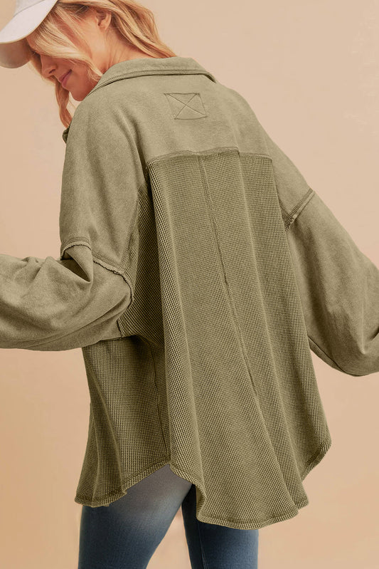 Moss Green Waffle Knit Patchwork Buttoned Oversized Shacket-Bella Boutique Collective