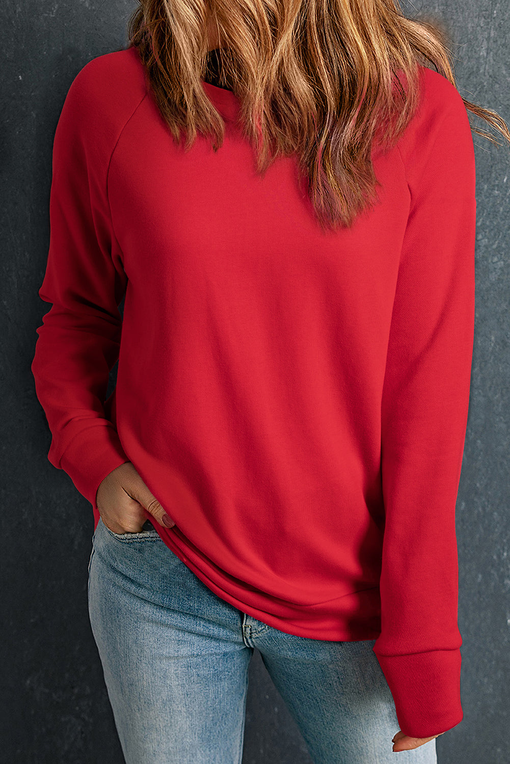 Red Solid Round Neck Raglan Sleeve Sweatshirt-Bella Boutique Collective