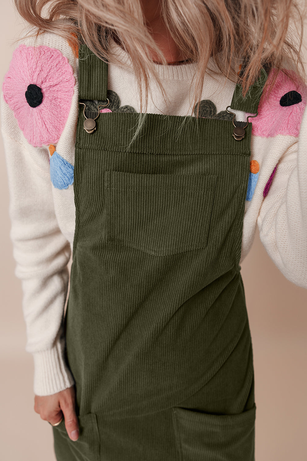 Vineyard Green Solid Front Pockets Sleeveless Corduroy Overall Dress-Bella Boutique Collective