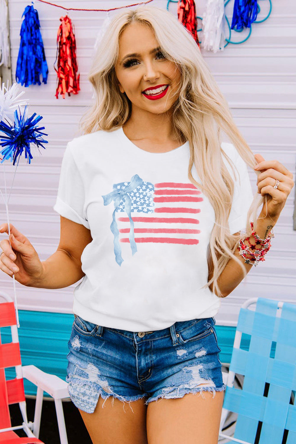 White American Flag Bow Knot Print Crew Neck T Shirt-Bella Boutique Collective