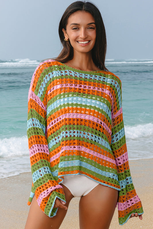 Carrot Multi Stripe Open Knit Sweater Beach Cover Up-Bella Boutique Collective