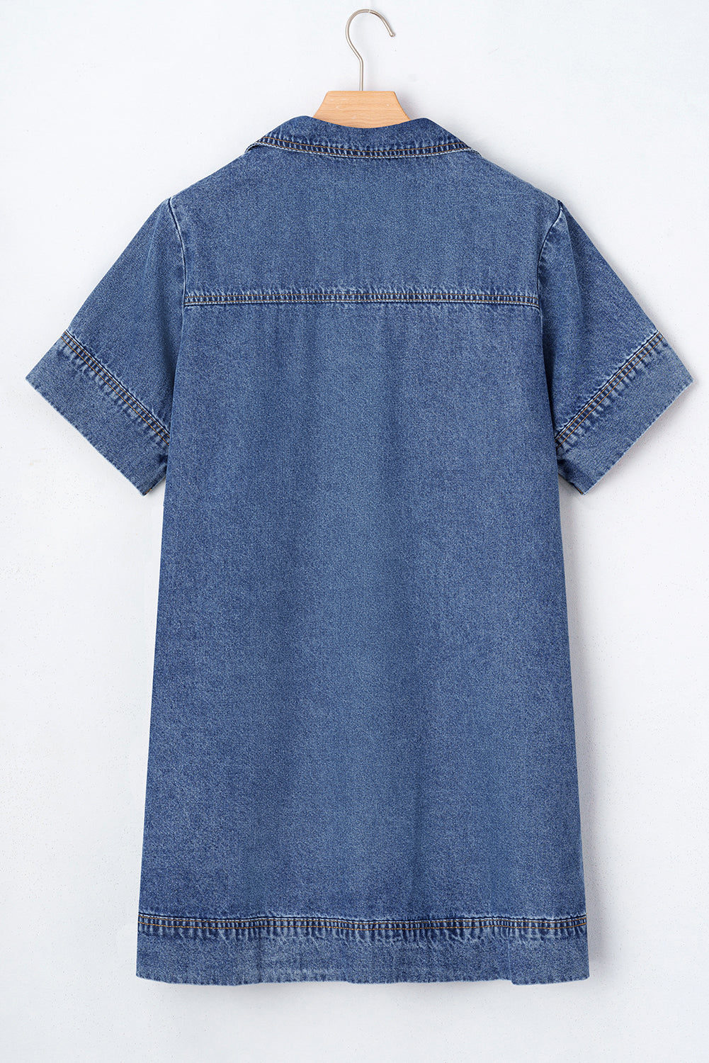 Blue Short Sleeve Collared Patched Pocket Denim Mini Dress-Bella Boutique Collective