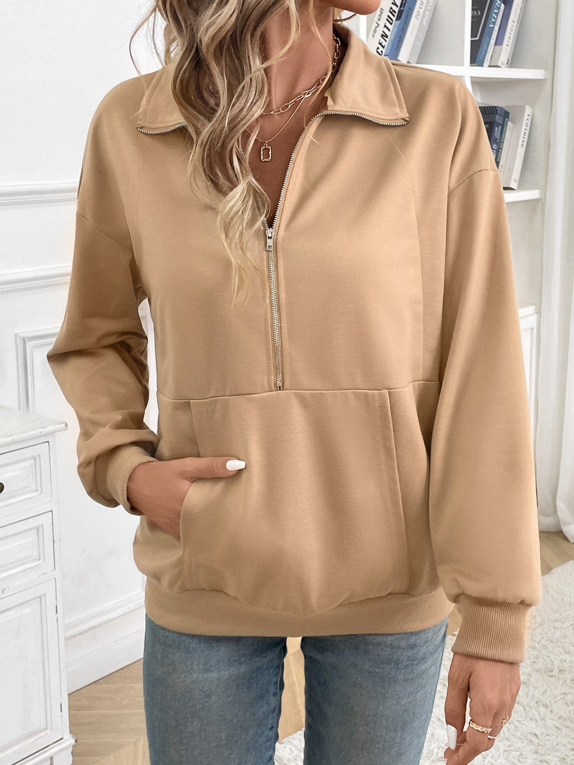 Half Zip Kangaroo Pocket Long Sleeve Sweatshirt-Bella Boutique Collective