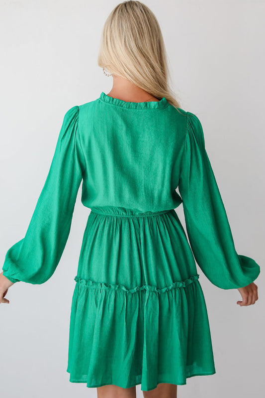 Sea Green Frilly V Neck Puff Sleeve Drawstring Shift Mini Dress-Bella Boutique Collective