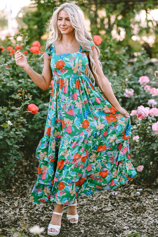Green Floral Print Sleeveless Ruffle Tiered Maxi Dress-Bella Boutique Collective