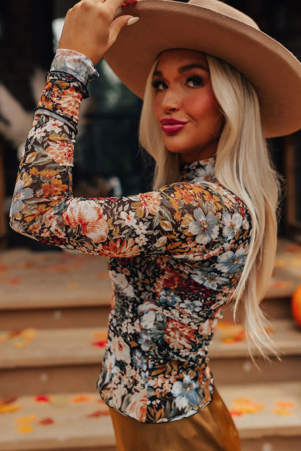 Brown Floral Long Sleeve High Neck Sheath Mesh Blouse-Bella Boutique Collective