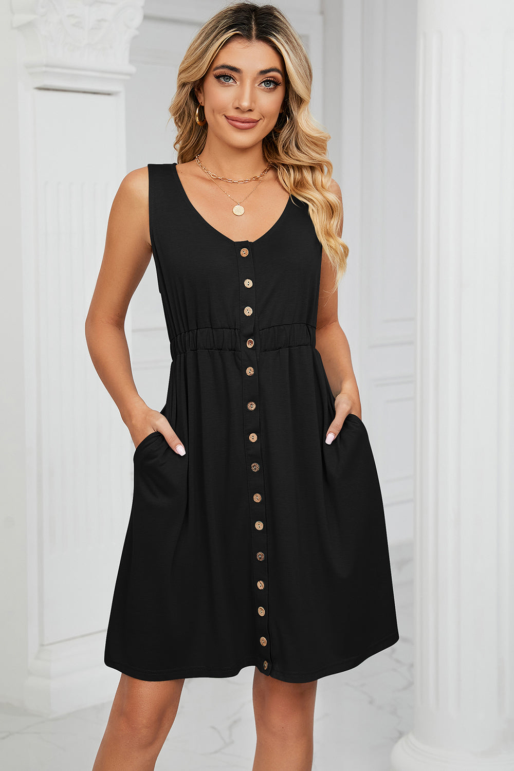 Buttoned Wide Strap Mini Dress-Bella Boutique Collective