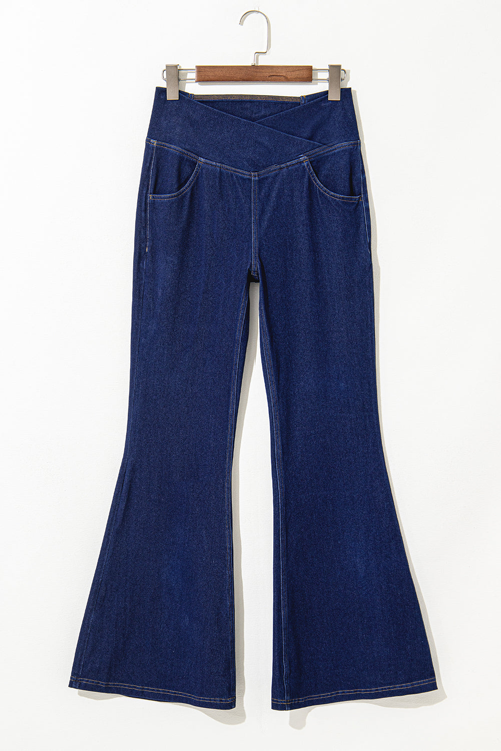 Dusk Blue Solid Crossed Waist High Elastic Fit Flare Knit Jeans-Bella Boutique Collective