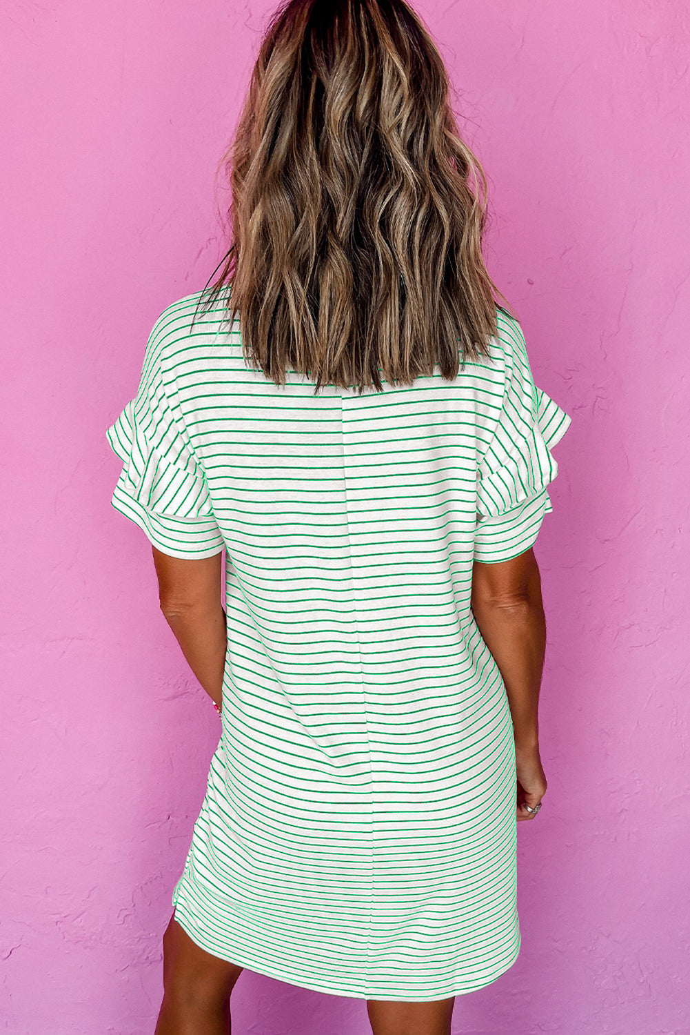 Green Stripe Ruffled Short Sleeve Crew Neck T Shirt Shift Mini Dress-Bella Boutique Collective