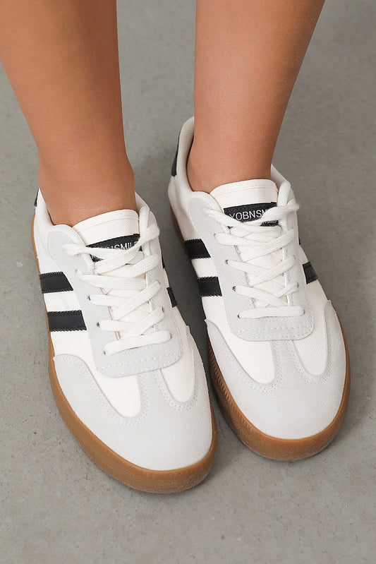 White Striped Lace-up Flat Sneakers-Bella Boutique Collective