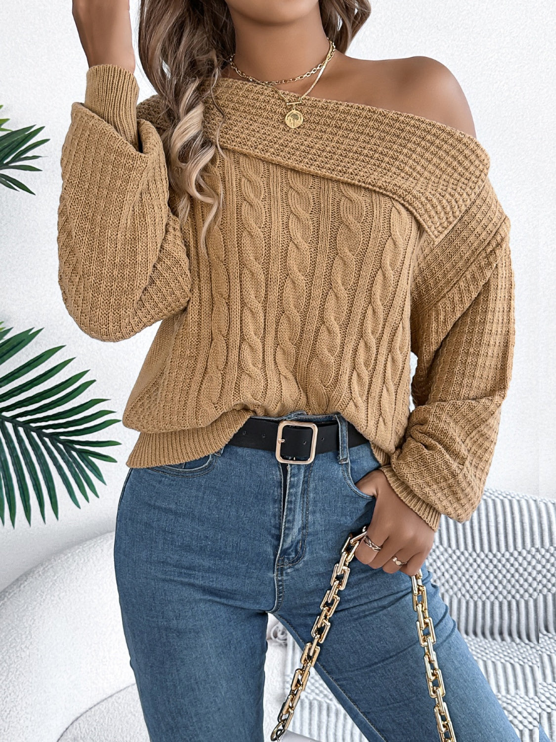 Cable-Knit One Shoulder Long Sleeve Sweater-Bella Boutique Collective