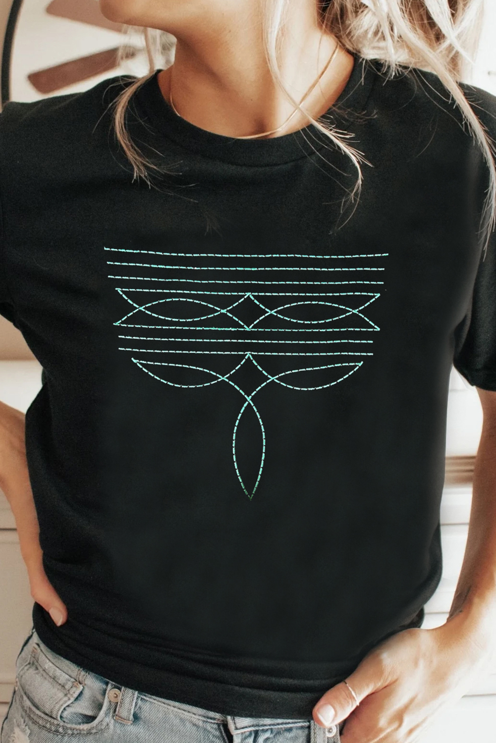 Black Western Fashion Geometric Embroidered T Shirt-Bella Boutique Collective