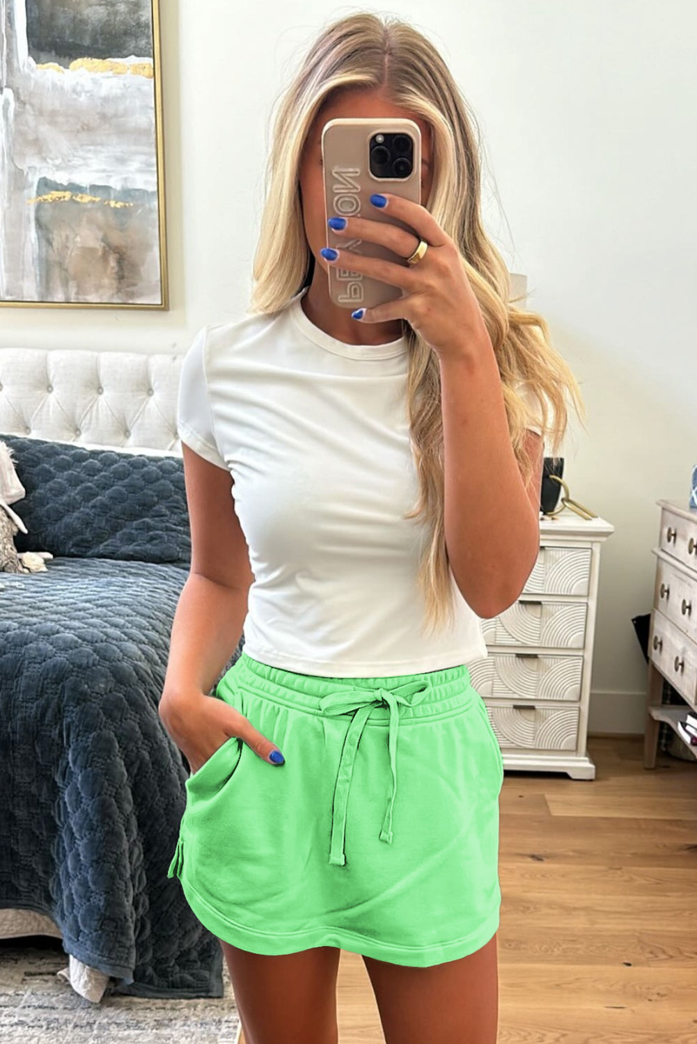 Light Green French Terry Drawstring Mini Skort with Pockets-Bella Boutique Collective