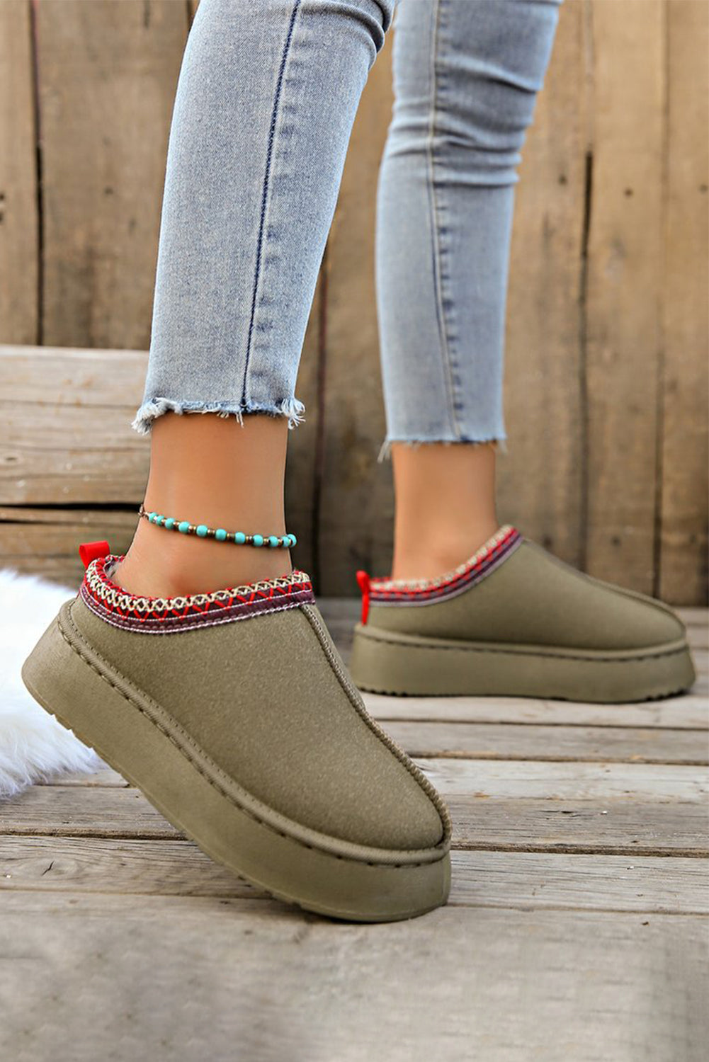 Sage Green Contrast Print Suede Plush Lined Snow Boots-Bella Boutique Collective