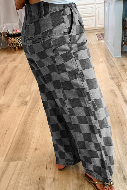 Dark Grey Checkered Denim Wide Leg Jeans-Bella Boutique Collective