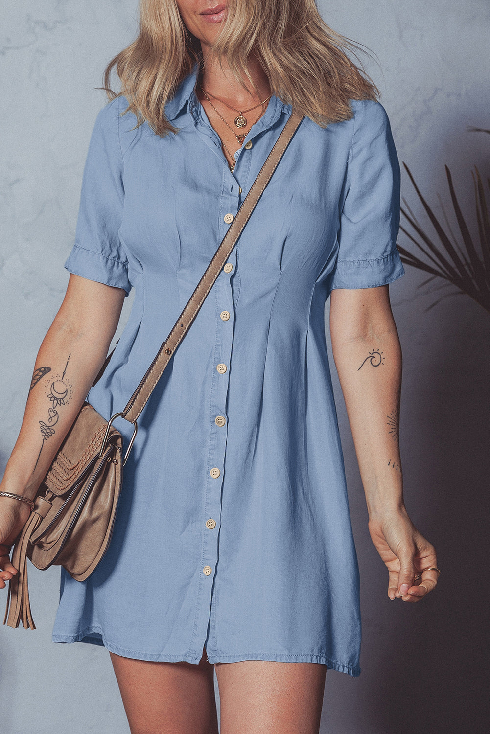 Myosotis Denim Pleated Slim Waist Short Sleeve Shirt Dress-Bella Boutique Collective