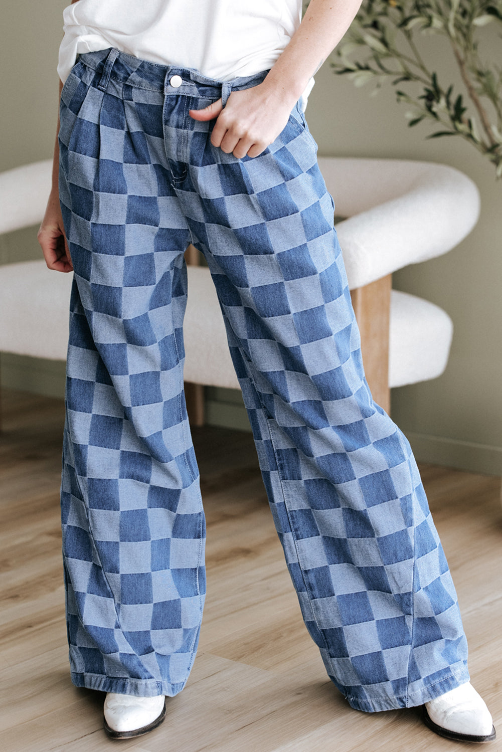 Dusk Blue Checkered Denim Wide Leg Jeans-Bella Boutique Collective