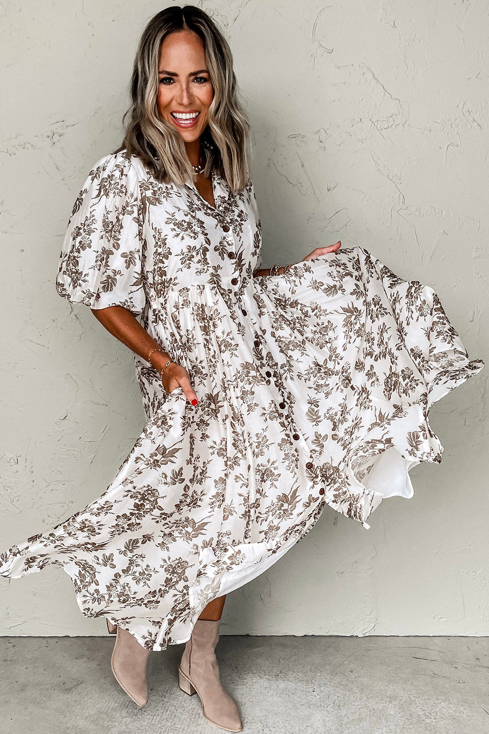 Khaki Floral Puff Sleeve V Neck Buttoned Front Maxi Dress-Bella Boutique Collective
