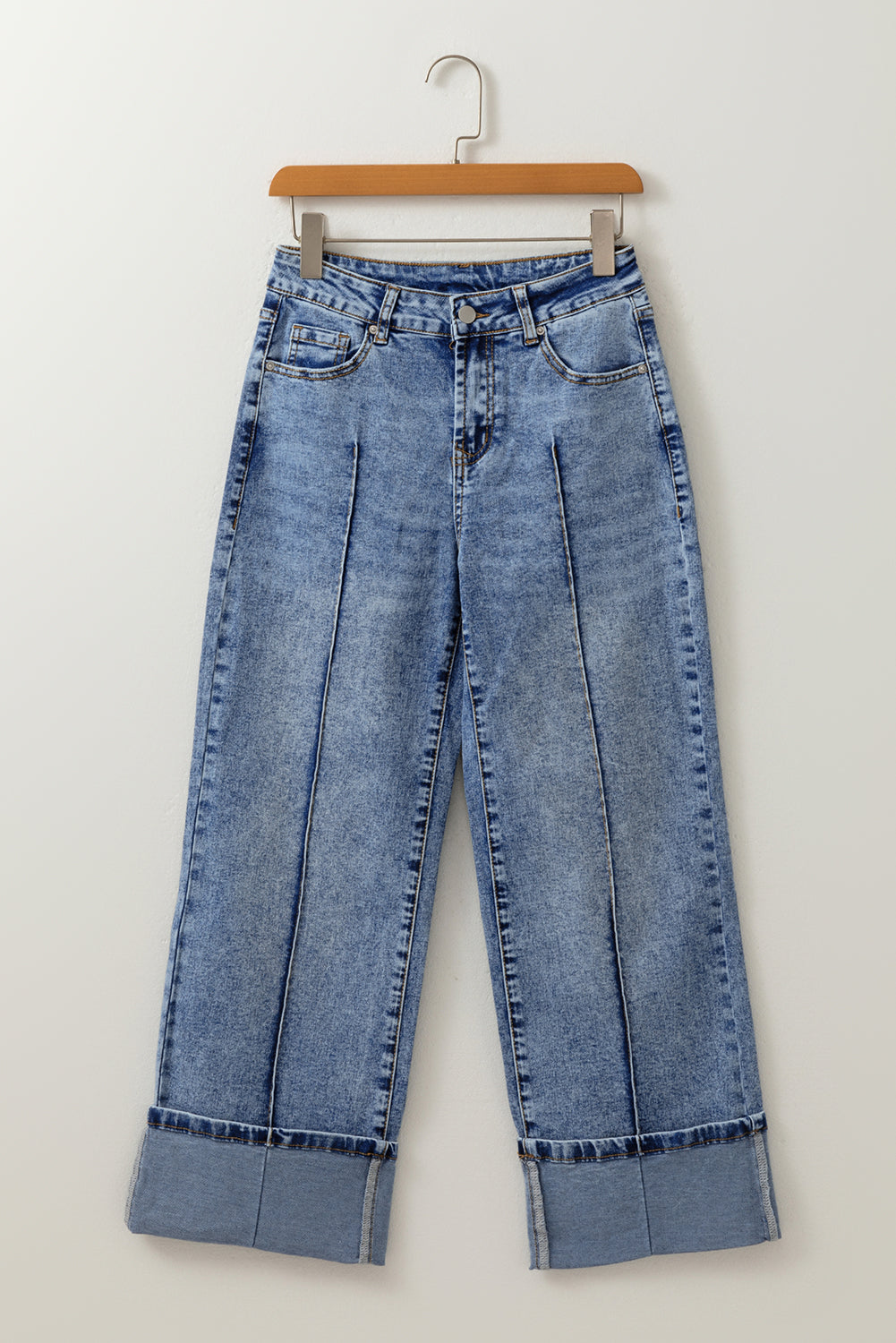 Myosotis Center Seam Cuffed Hem Straight High Waist Jeans-Bella Boutique Collective