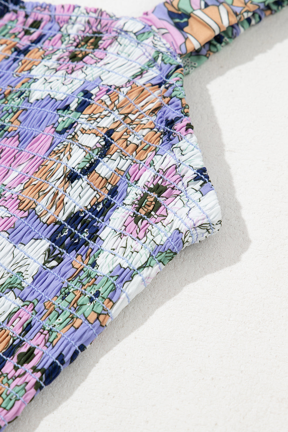 Purple Floral Print Smocked High Waist Square Neck Jumpsuit-Bella Boutique Collective