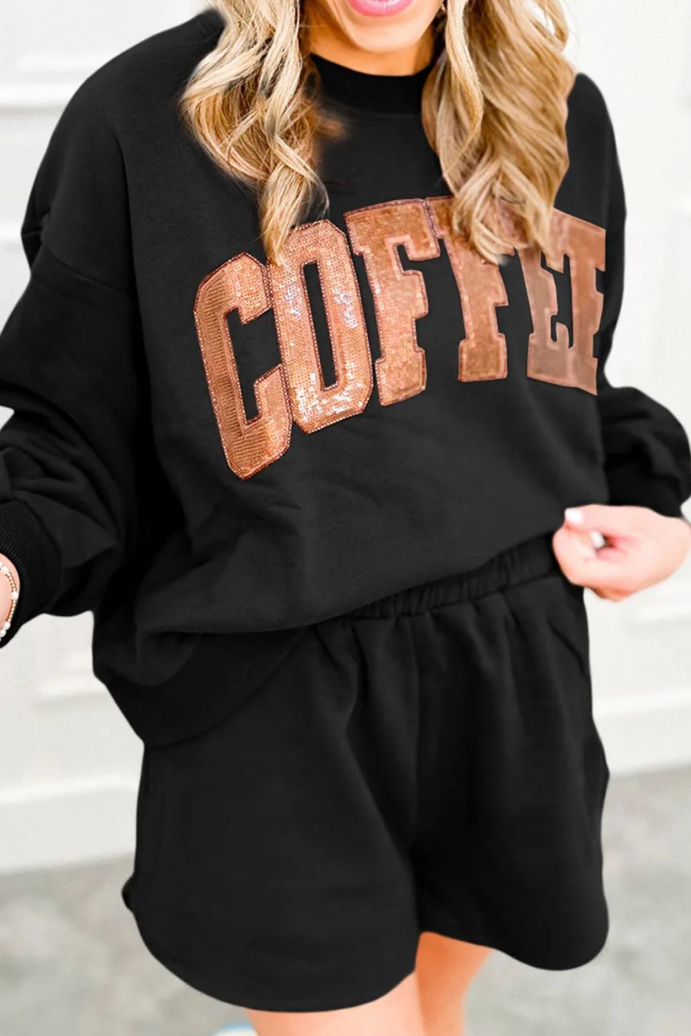 COFFEE Sequin Round Neck Long Sleeve Top and Shorts Set-Bella Boutique Collective