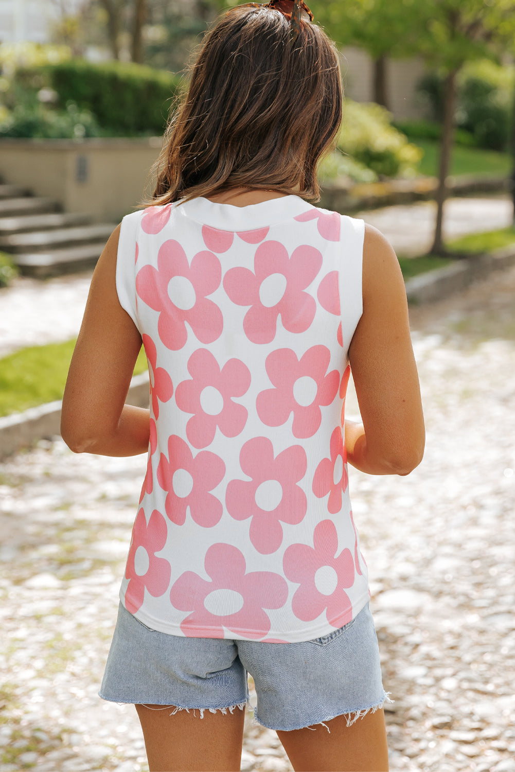 Pink Cute Flower Knitted V Neck Tank Top-Bella Boutique Collective