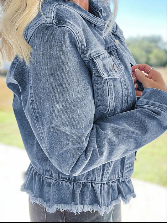Raw Hem Long Sleeve Denim Jacket-Bella Boutique Collective