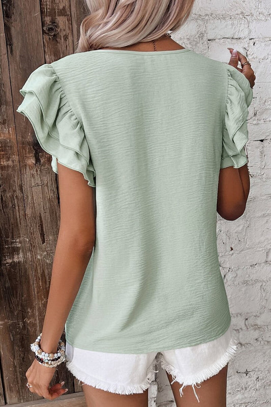 Clearly Aqua Solid Color Ruffled Short Sleeve Casual Blouse-Bella Boutique Collective