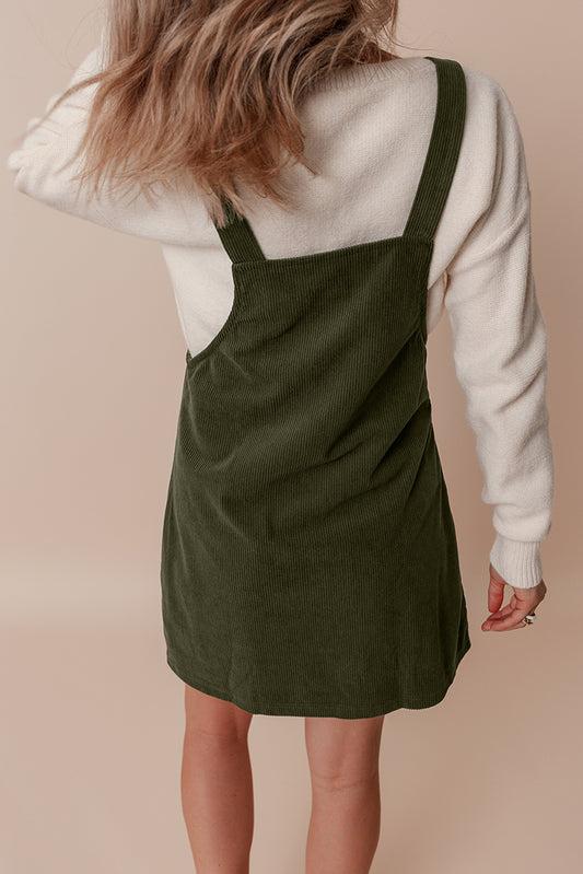 Vineyard Green Solid Front Pockets Sleeveless Corduroy Overall Dress-Bella Boutique Collective