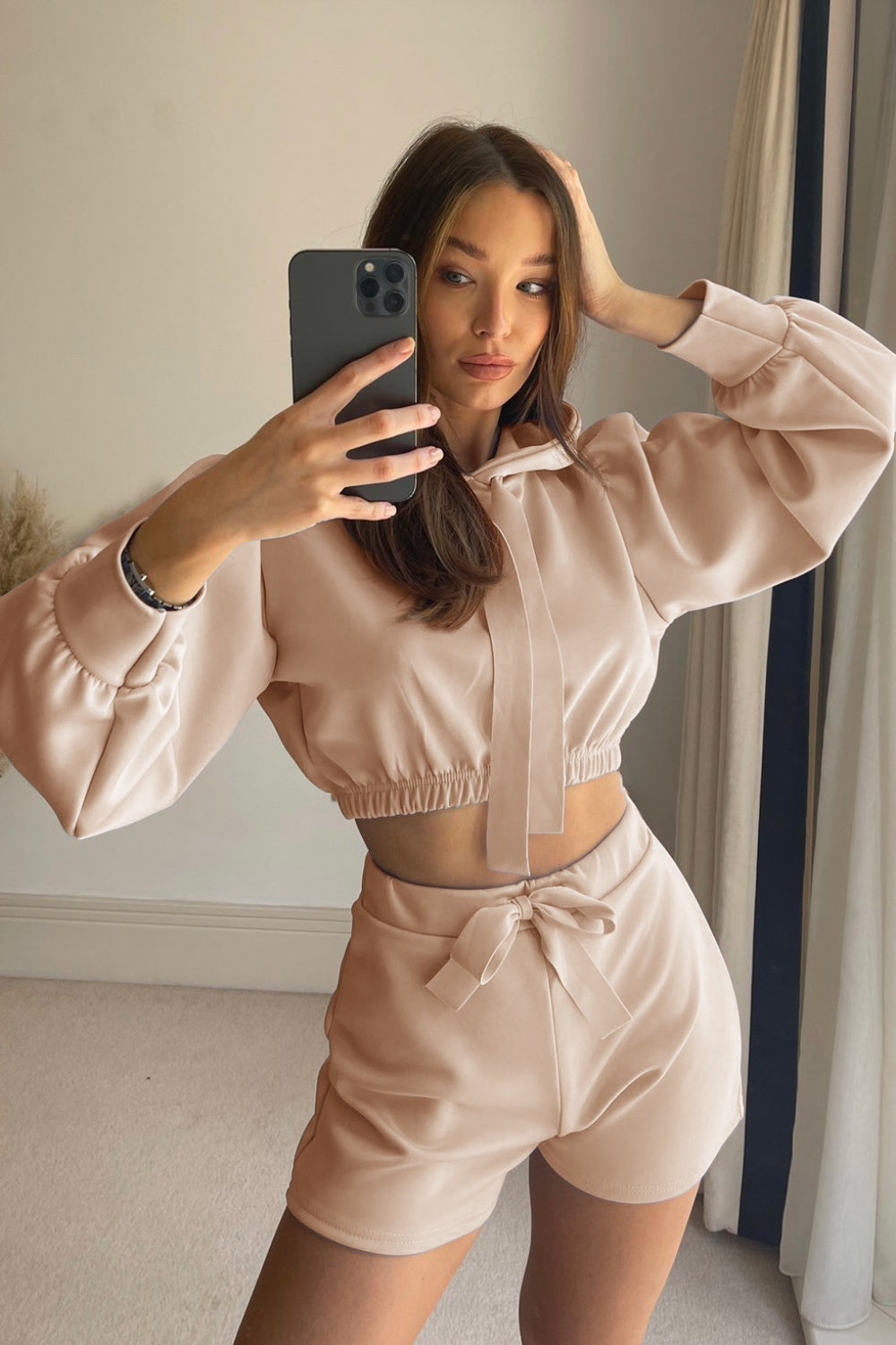 Drawstring Long Sleeve Hooded Top and Shorts Set-Bella Boutique Collective