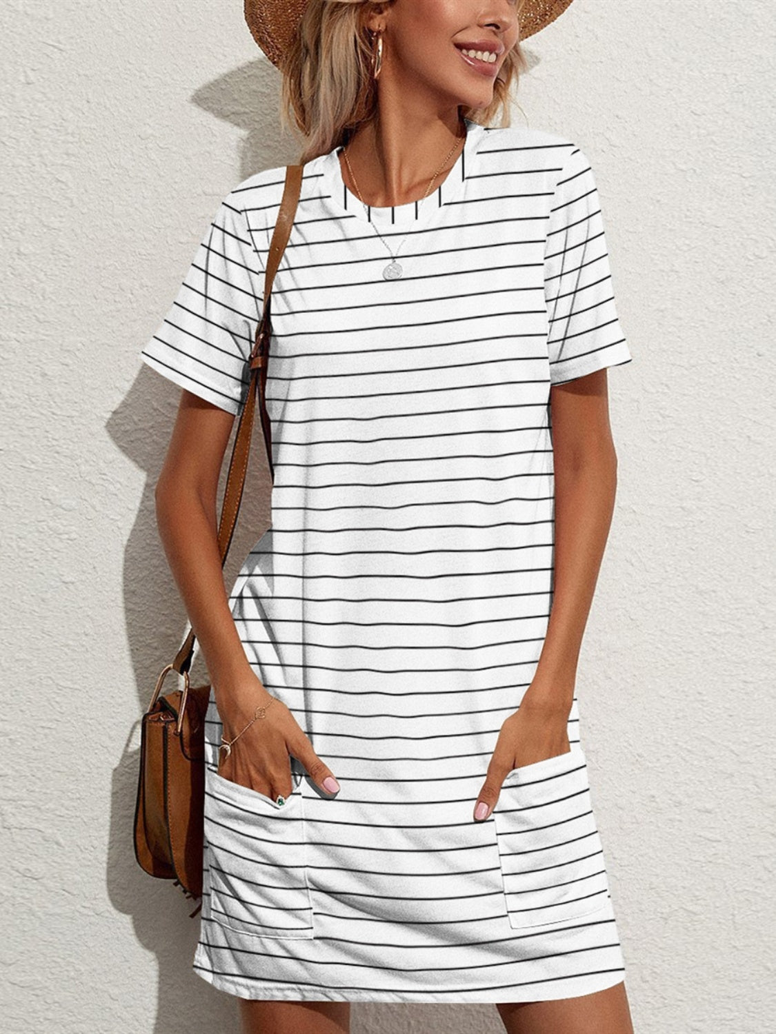 FAM-FAM Pocketed Striped Round Neck Short Sleeve Dress-Bella Boutique Collective