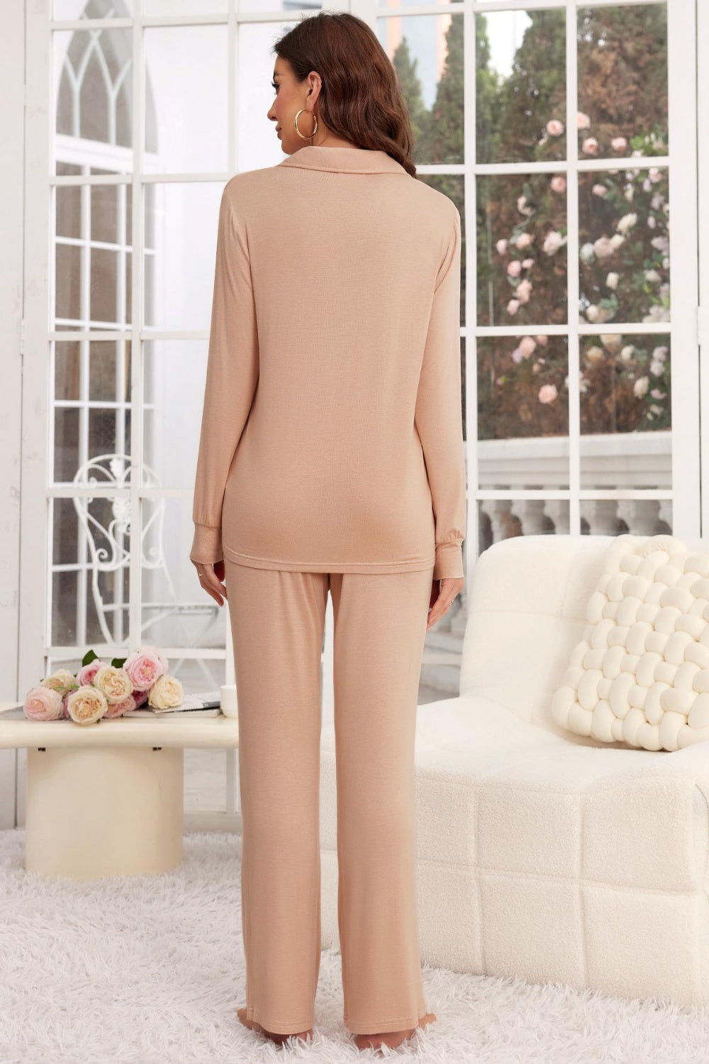Button Up Long Sleeve Top and Pants Lounge Set-Bella Boutique Collective