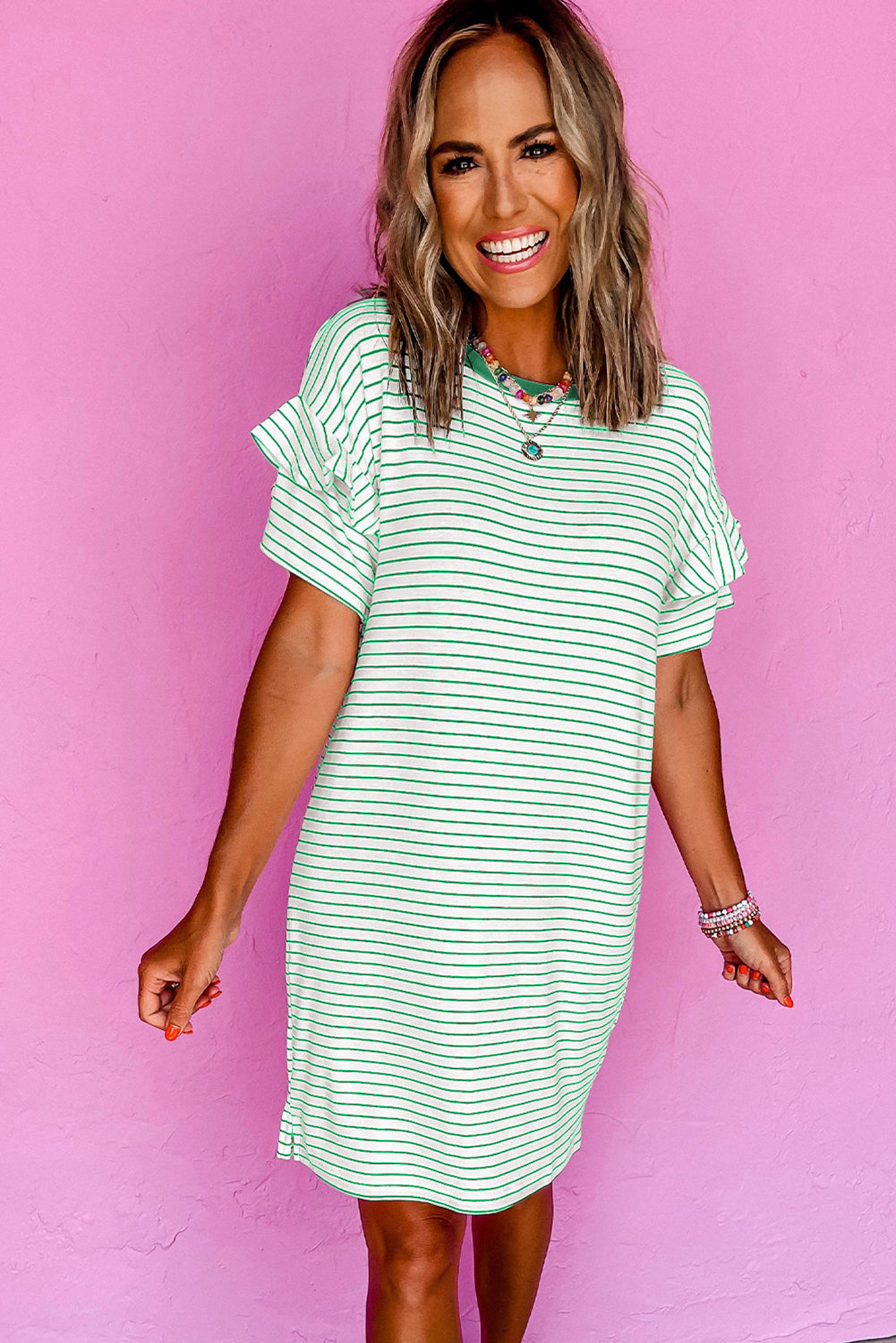 Green Stripe Ruffled Short Sleeve Crew Neck T Shirt Shift Mini Dress-Bella Boutique Collective