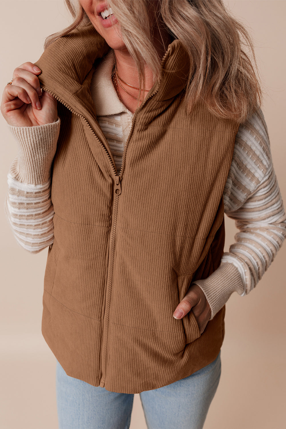 Coffee Corduroy Stand Neck Zipped Puffer Vest-Bella Boutique Collective