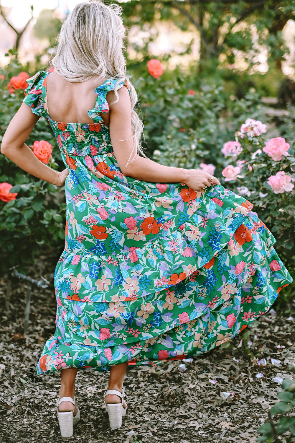 Green Floral Print Sleeveless Ruffle Tiered Maxi Dress-Bella Boutique Collective