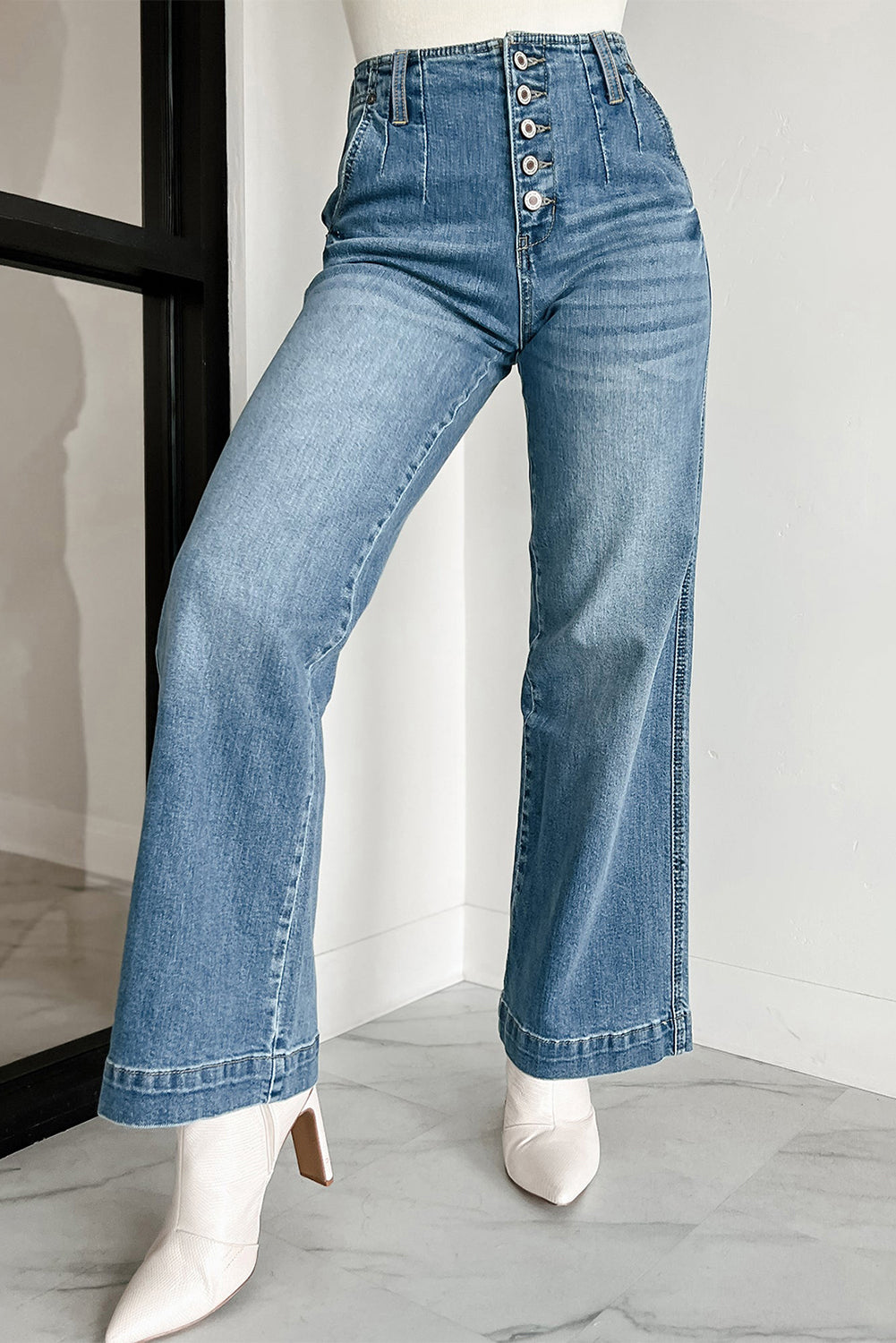 Dusk Blue Multi Buttons Medium Wash Straight Loose Leg Jeans-Bella Boutique Collective