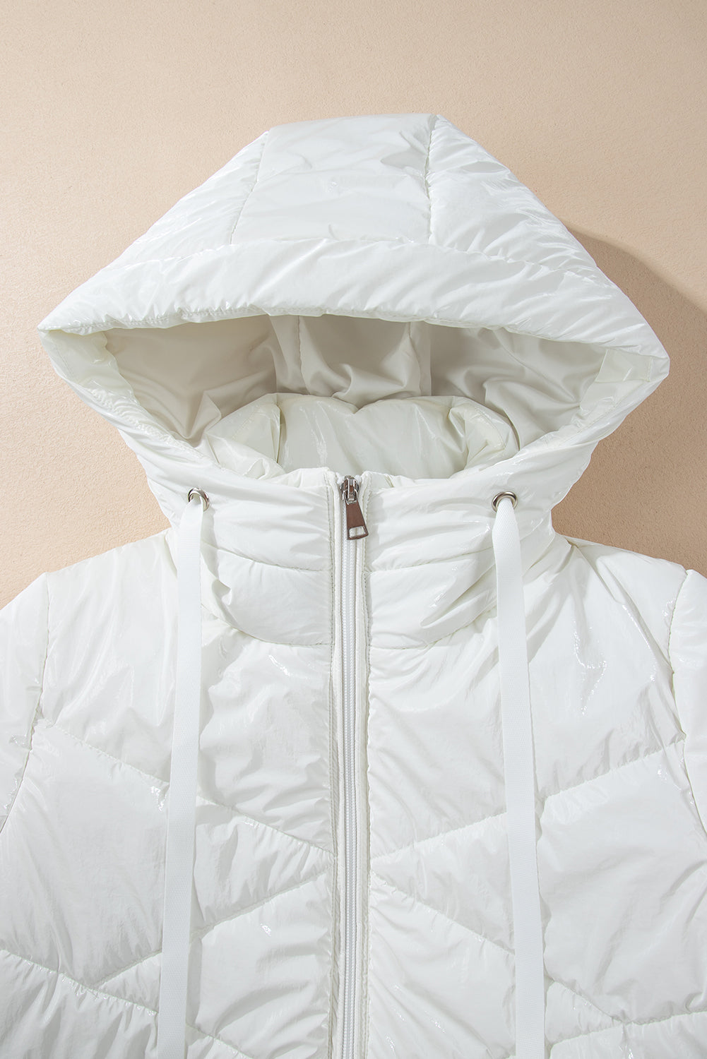 White Solid Quilted Hooded Zip Up Puffer Coat-Bella Boutique Collective