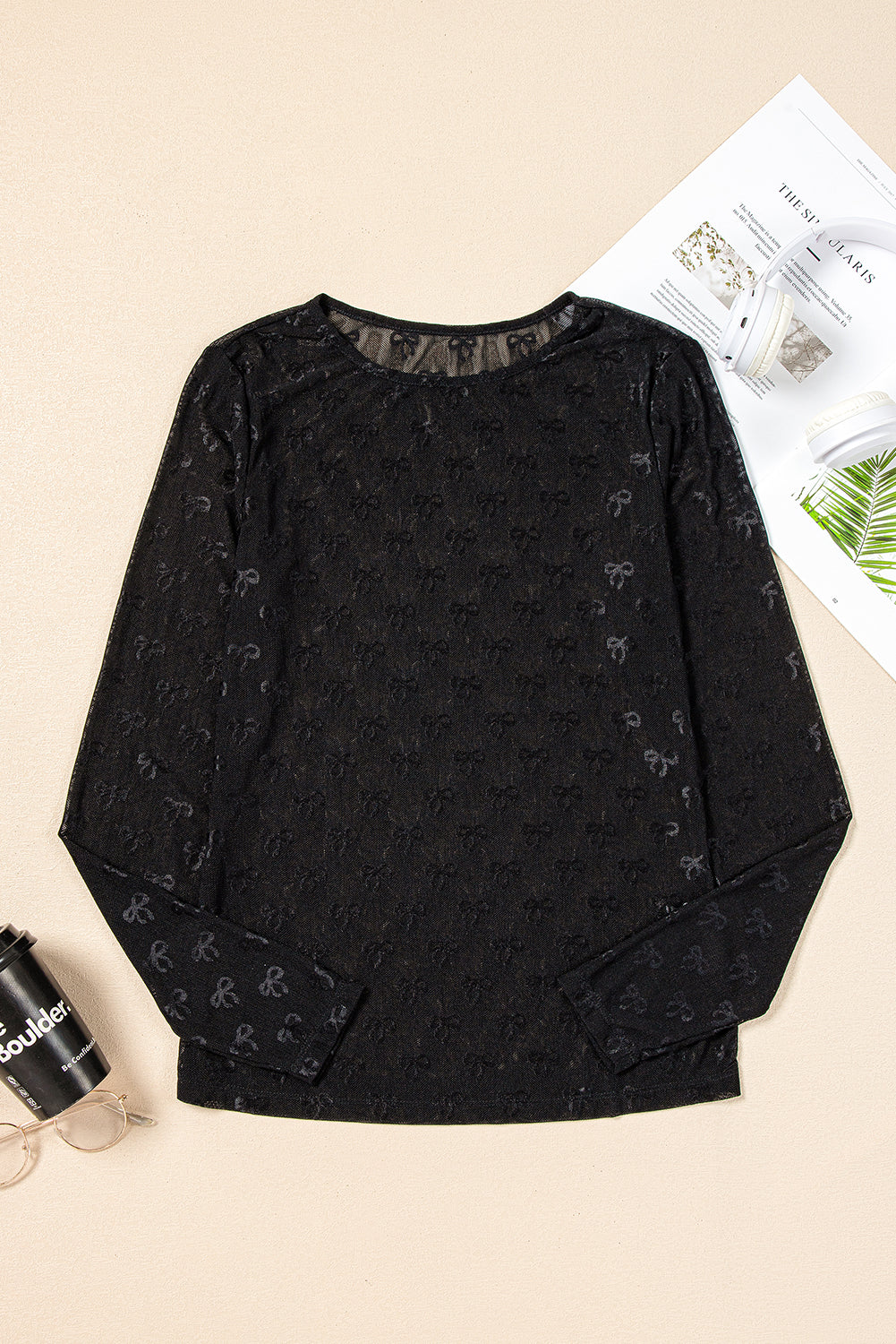Black Mesh Bow Pattern Long Sleeve Top-Bella Boutique Collective
