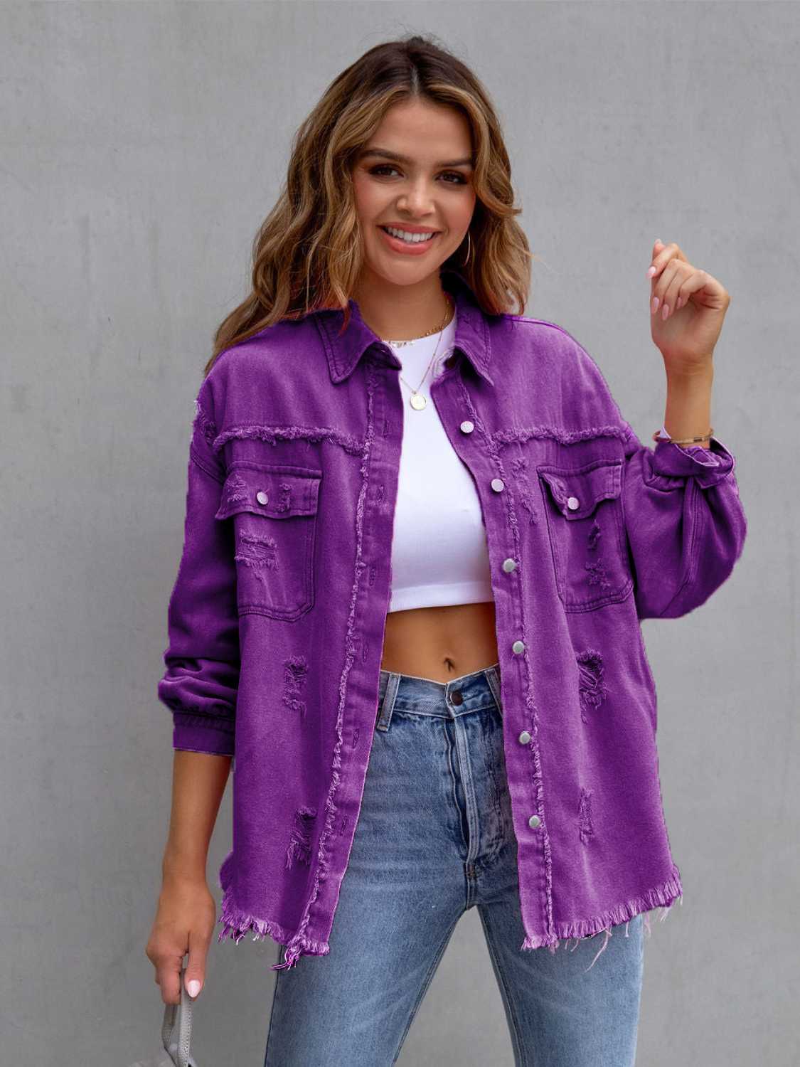Distressed Drop Shoulder Denim Jacket-Bella Boutique Collective