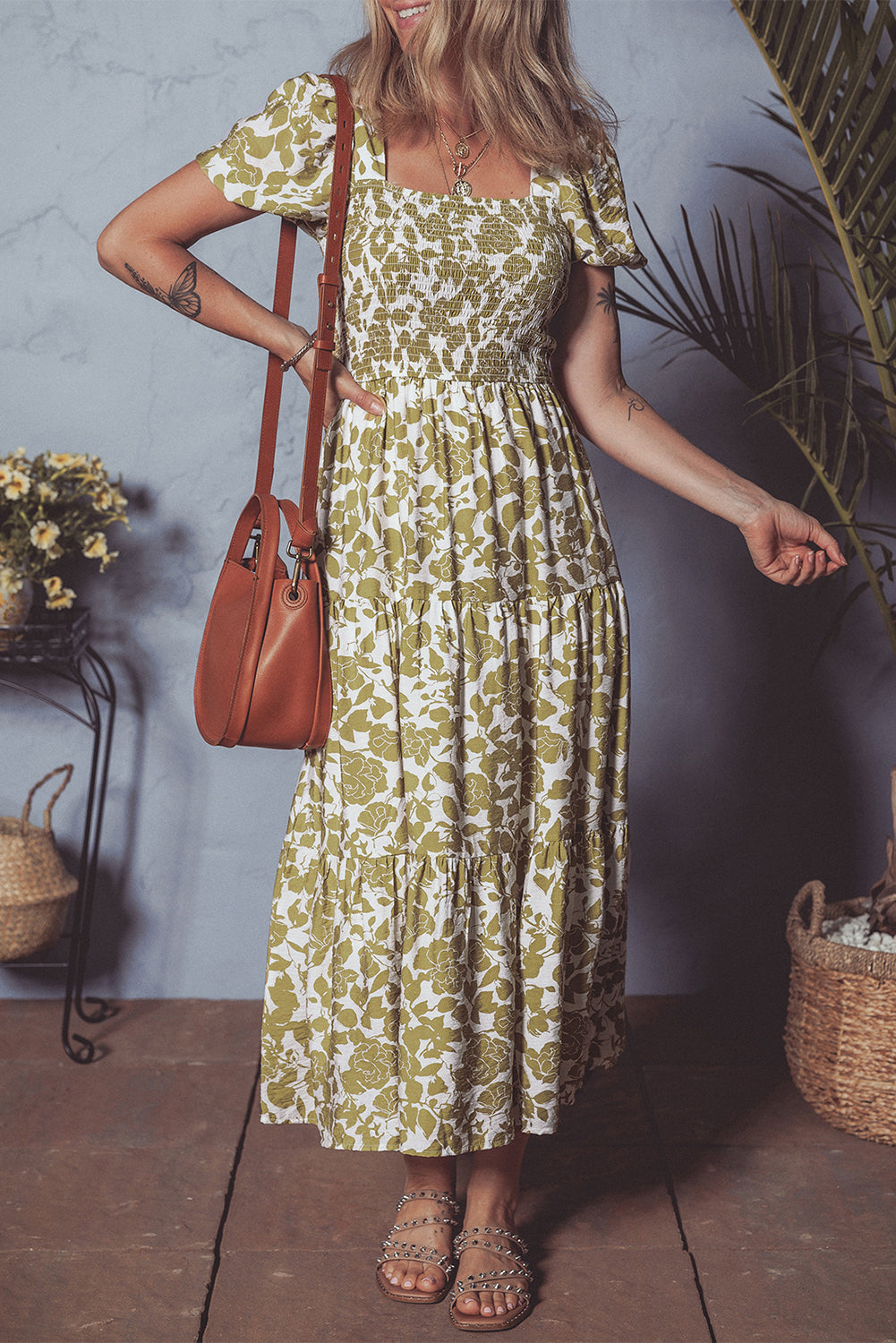 Yellow Boho Floral Square Neck Smocked Bust Puff Sleeve Tiered Long Dress-Bella Boutique Collective