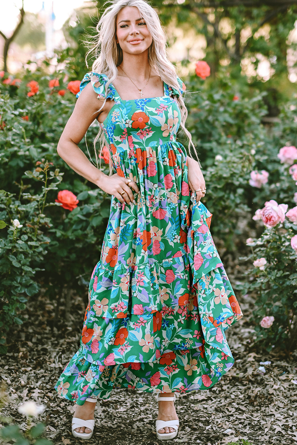 Green Floral Print Sleeveless Ruffle Tiered Maxi Dress-Bella Boutique Collective